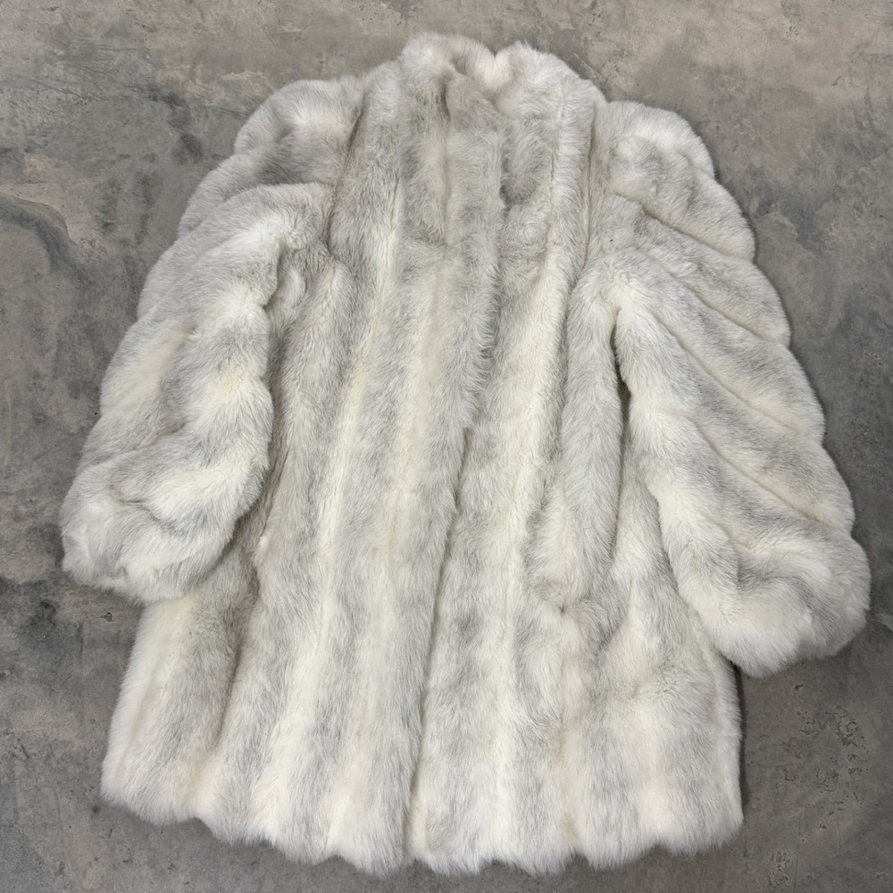 Jordache Faux Fur Coat Womens M White Grey Excellent Striped Plush Glam